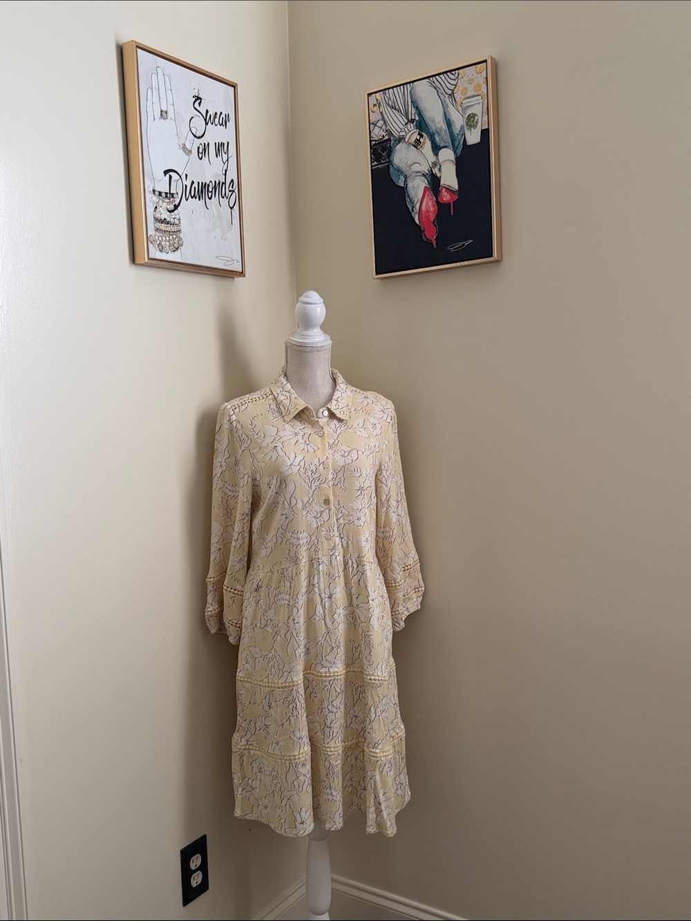 Lucky Brand Cream Floral Lace Tiered Shirt Dress - Picture 3 of 14